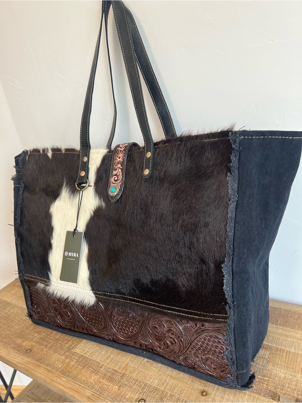 Myra Cowhide Weekender Bag XL Western Leather Travel Duffel Boho Tote Carry On - Picture 6 of 9